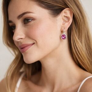 Pink Crystal Drop Earrings | Silver Tone Leverback | Feminine Sparkle Chic